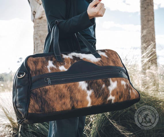 Tricolor Cowhide Duffle Bag – Natural Leather Travel Weekender, 22x12x14"