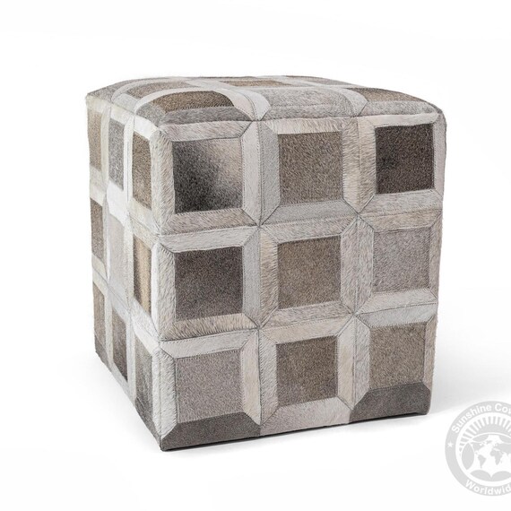 Real Cowhide Footstool - Grey Ottoman Pouf |  Natural Leather - 18x18x19''