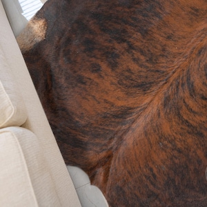 May include: Close-up of a brown and black cowhide rug with a white couch in the background.