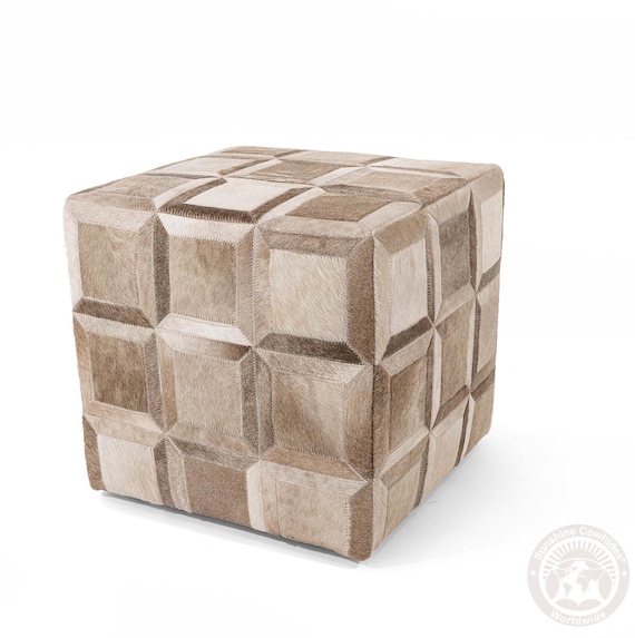 Real Cowhide Footstool - Handmade Leather Ottoman Pouf | Unique Natural Cowhide Decor - Size 18x18x19''