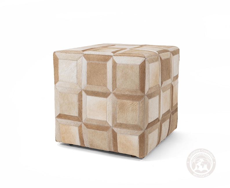 Pouf in vera pelle bovina tigrata - Pelle naturale - 45x45x48 cm Beige