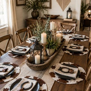 May include: A wooden dining table set with cowhide placemats, black plates, and napkins topped with horseshoe and bell ornaments. A long wooden dough bowl centerpiece holds white pillar candles, greenery, and a black metal lantern.