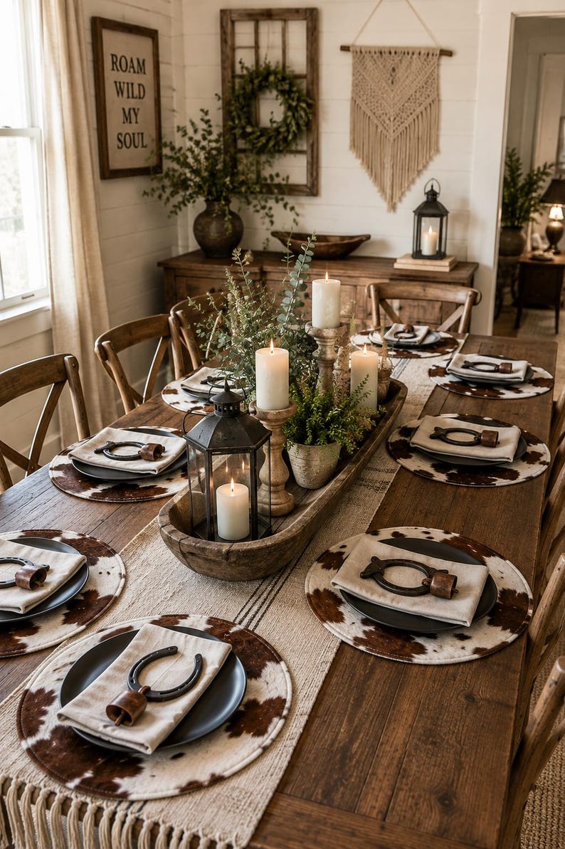May include: A wooden dining table set with cowhide placemats, black plates, and napkins topped with horseshoe and bell ornaments. A long wooden dough bowl centerpiece holds white pillar candles, greenery, and a black metal lantern.
