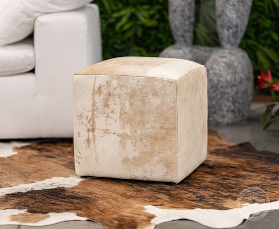 Real Leather Ottoman Pouf – Handmade Leather Footstool, Western Rustic Decor - Size 18x18x19''