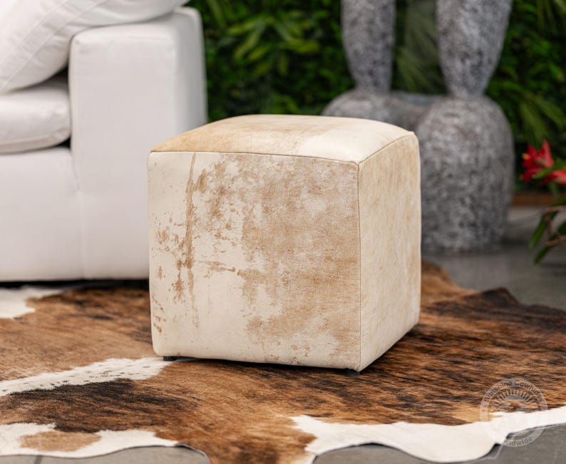 Real Leather Ottoman Pouf – Handmade Leather Footstool, Western Rustic Decor - Size 18x18x19'' image 1