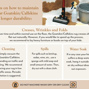 Puede incluir: Consejos para mantener tu alfombra de piel de cabra o de ternera durante m&aacute;s tiempo. La imagen muestra una aspiradora, una botella de spray y un cubo. El texto incluye instrucciones para la limpieza, los derrames y los ba&ntilde;os de agua. El texto tambi&eacute;n indica "No lavar/secar a m&aacute;quina ni limpiar en seco."