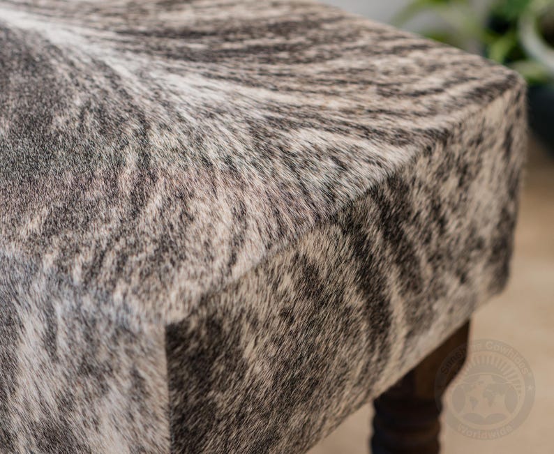 Cowhide Footstool with Wooden Legs, Brindle Light – Natural Hair-on-Hide - 28x18x18" image 5