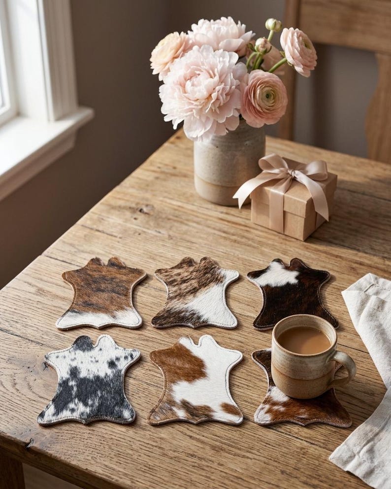May include: Six cowhide coasters with a distinctive shape and white stitching are displayed on a wooden table. A mug of coffee rests on one coaster. A vase of pink flowers and a small gift box with a ribbon are also on the table.