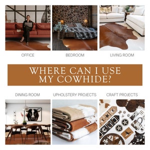 May include: A collage of images showing different ways to use cowhide in home decor. The images show cowhide rugs in an office, bedroom, and living room, as well as cowhide upholstery and craft projects.