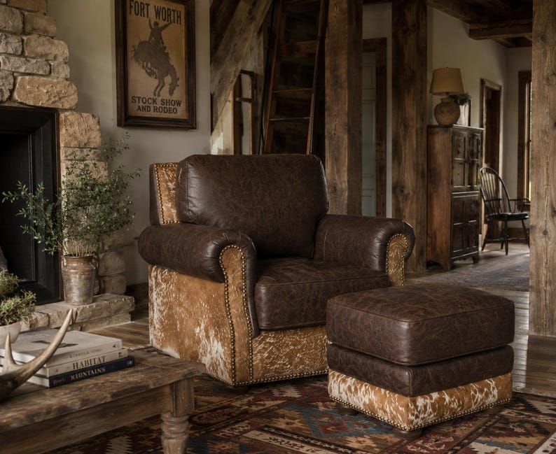 Western Leather Armchair Ottoman | Brown Cowhide Furniture Lounge Chair image 1