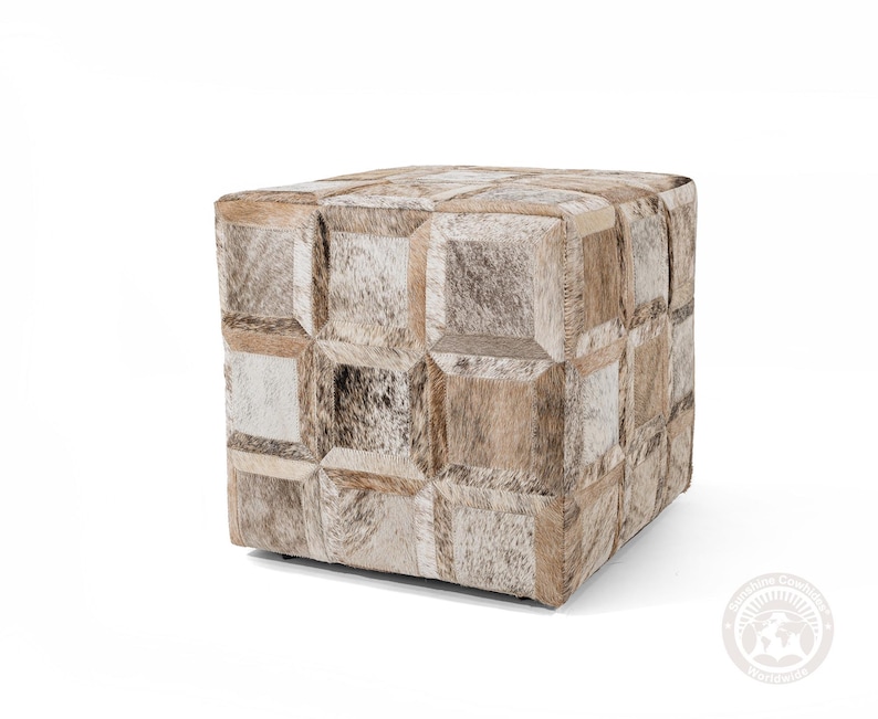 Pouf in vera pelle bovina tigrata - Pelle naturale - 45x45x48 cm Brindle Light