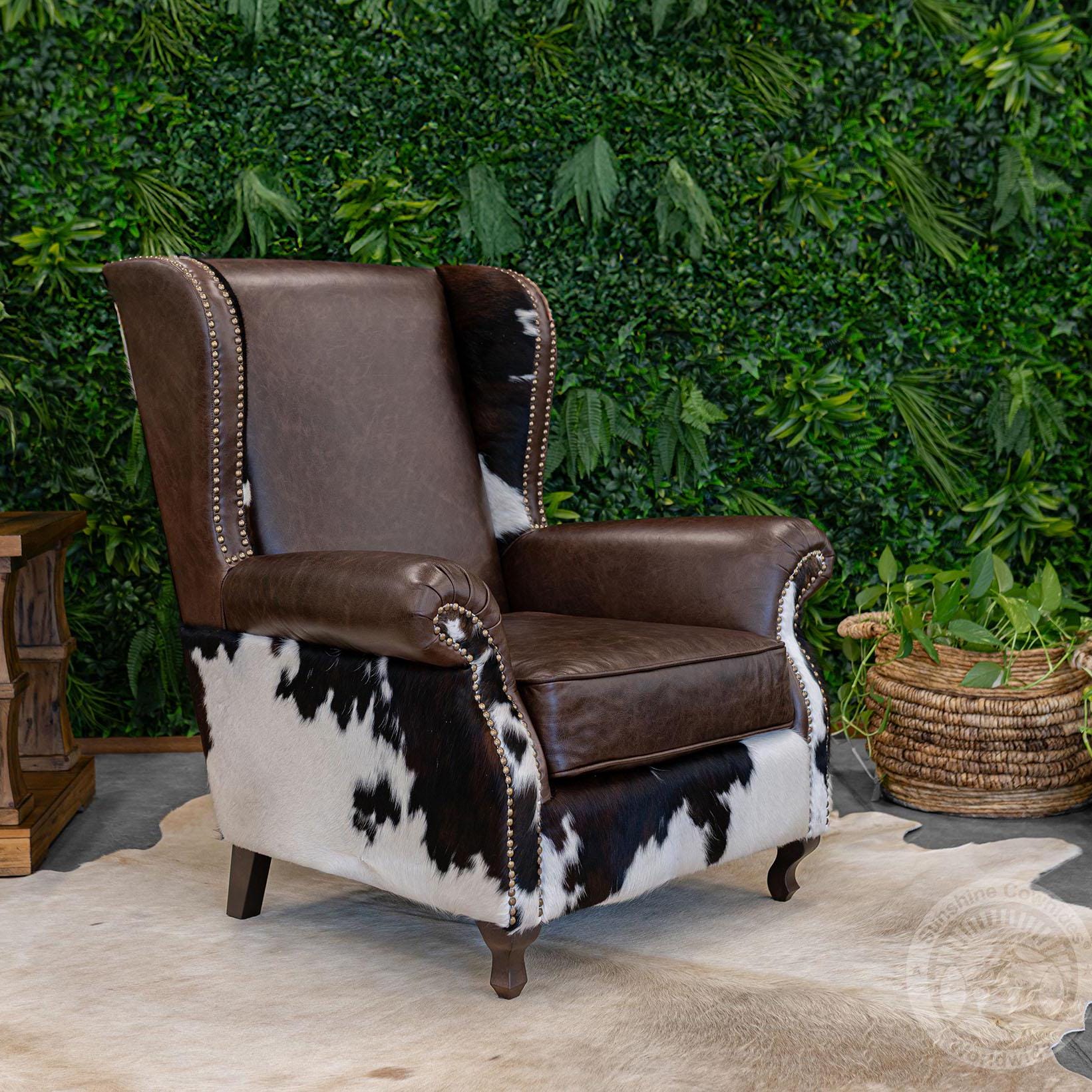 Leather Wingback Chair, Cowhide Accent Armchair, Rustic Western 