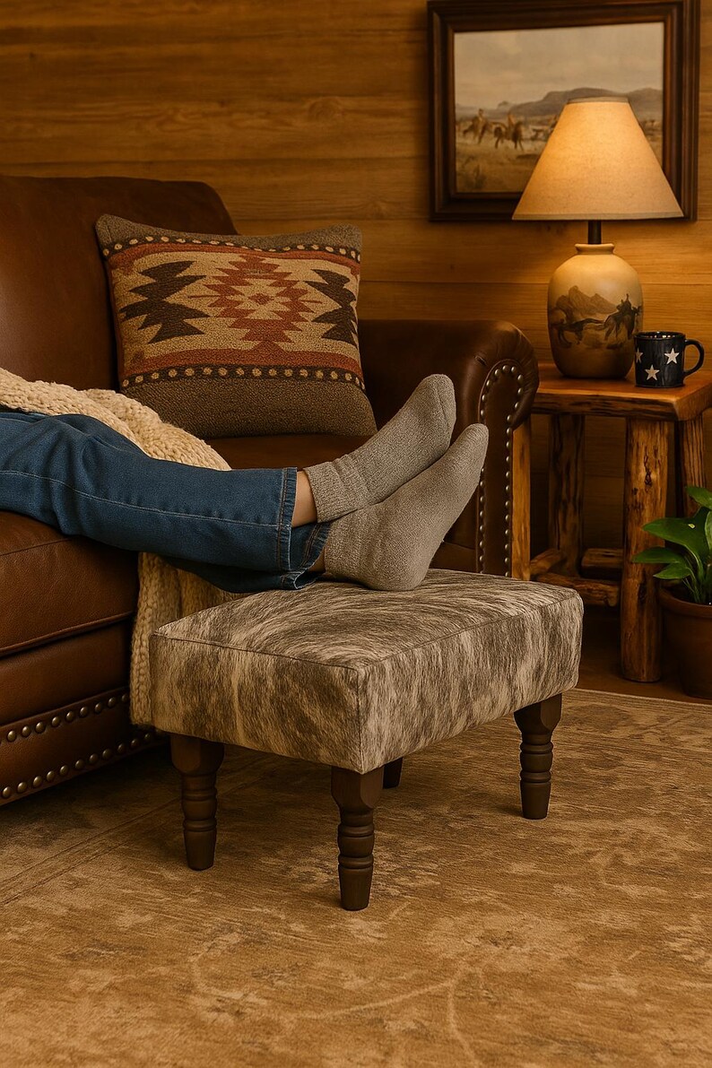 Cowhide Footstool with Wooden Legs, Brindle Light – Natural Hair-on-Hide - 28x18x18" image 2