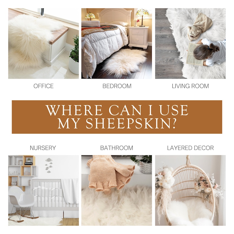 Puede incluir: Imagen que muestra varios usos para alfombras de piel de oveja. Las escenas incluyen una oficina, un dormitorio y una sala de estar, con el texto "WHERE CAN I USE MY SHEEPSKIN?" Escenas adicionales muestran una guarder&iacute;a, un ba&ntilde;o y una decoraci&oacute;n en capas.