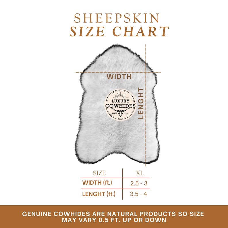 Puede incluir: Un cuadro de tallas de piel de oveja con dimensiones en pies. El cuadro incluye medidas de ancho y largo para una piel de oveja de talla XL. El texto "Luxury Cowhides" est&aacute; en un logotipo circular. El texto "Las pieles de vaca genuinas son productos naturales, por lo que el tama&ntilde;o puede variar 0,5 pies" est&aacute; en la parte inferior.