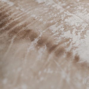 Puede incluir: Una vista de cerca de una superficie de tela con un patr&oacute;n texturizado y desgastado en tonos marr&oacute;n claro y blanco roto. El material muestra una apariencia suave, similar al terciopelo, con parches irregulares que crean un efecto envejecido.