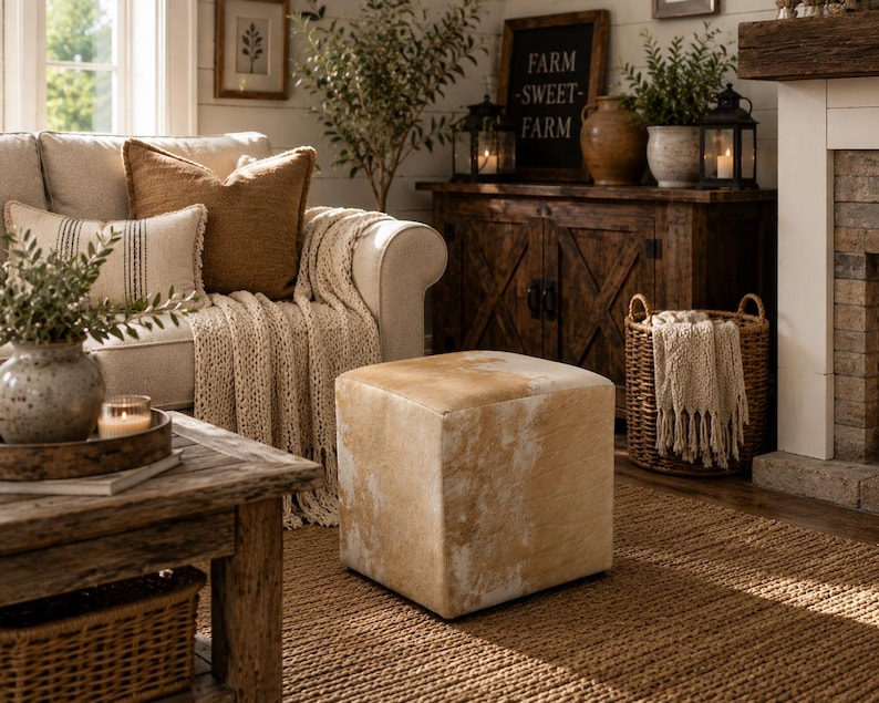 May include: A square ottoman upholstered in light tan and white cowhide leather with a natural mottled pattern. The cube-shaped piece features a smooth, hair-on-hide texture and sits directly on a woven jute rug in a living room setting.