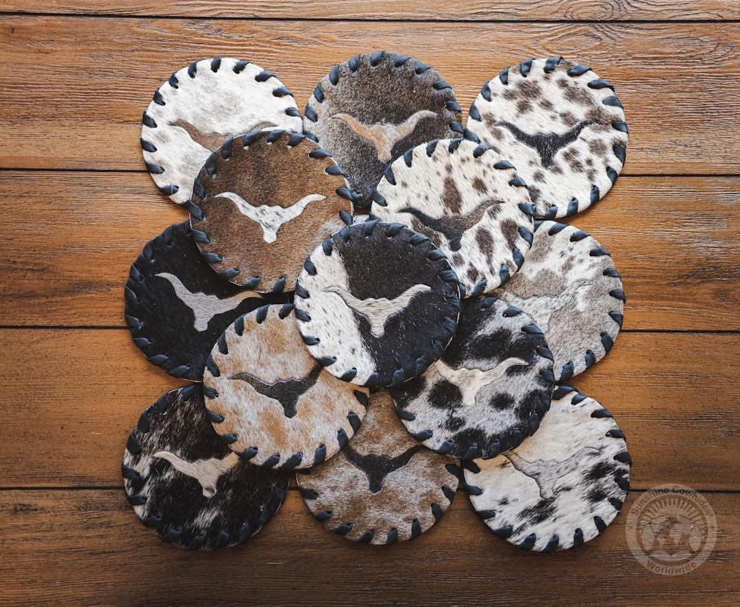 Handmade Cowhide Coasters: Rustic Leather Drink Coasters, Ranch Decor ...
