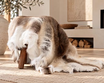 May include: A thick, textured animal hide throw blanket featuring a gradient of colors ranging from deep brown and grey to creamy white. The fur is draped over a small, dark wooden stool, showcasing long, soft fibers and natural color variations.