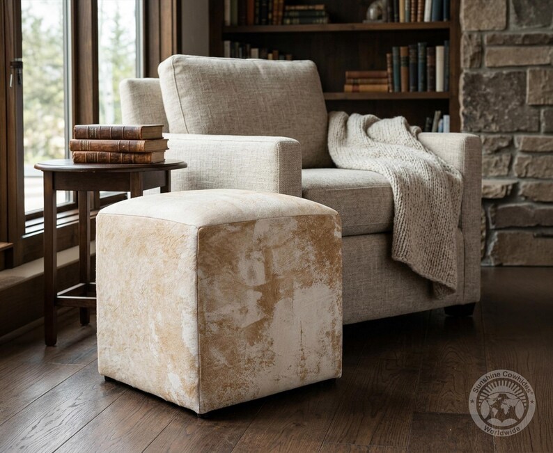 Real Leather Ottoman Pouf – Handmade Leather Footstool, Western Rustic Decor - Size 18x18x19'' image 2