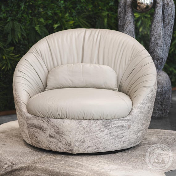 Barrel Chaise Chair with Cowhide Accents - Swivel Leather Chair