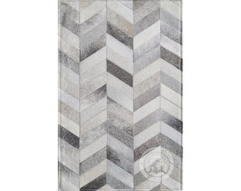 Chevron Cowhide Patchwork Rug, Gray Tones, 22x34"