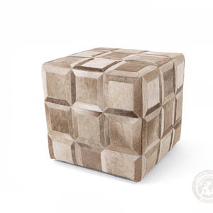 Pouf in vera pelle bovina tigrata - Pelle naturale - 45x45x48 cm Taupe / Champagne