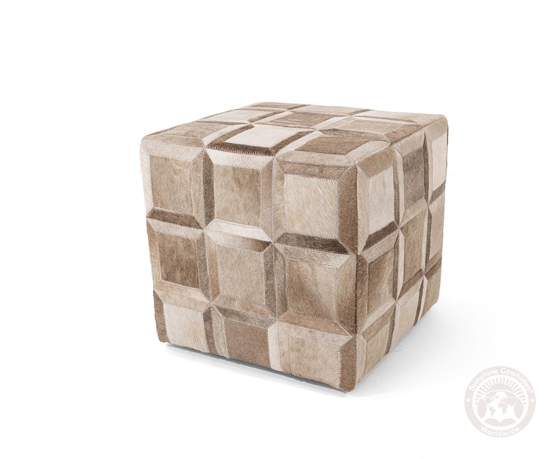 Pouf in vera pelle bovina tigrata - Pelle naturale - 45x45x48 cm Taupe / Champagne