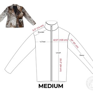 May include: A medium-sized blazer with a unique pattern in shades of brown, white, and gold. The diagram shows measurements: 5.5 inches (14 cm) shoulder, 42.9 inches (109 cm) chest, 25.2 inches (64 cm) length, and 24 inches (61 cm) sleeve.
