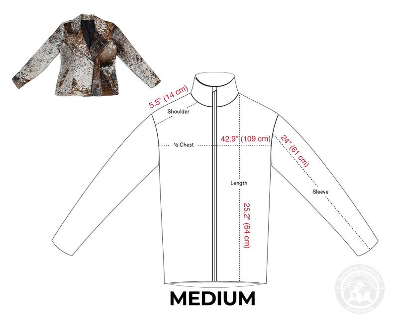 May include: A medium-sized blazer with a unique pattern in shades of brown, white, and gold. The diagram shows measurements: 5.5 inches (14 cm) shoulder, 42.9 inches (109 cm) chest, 25.2 inches (64 cm) length, and 24 inches (61 cm) sleeve.