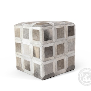 Echter Rindsleder Fußhocker - Brindle Ottoman Pouf | Naturleder - 45x45x48 cm Grau