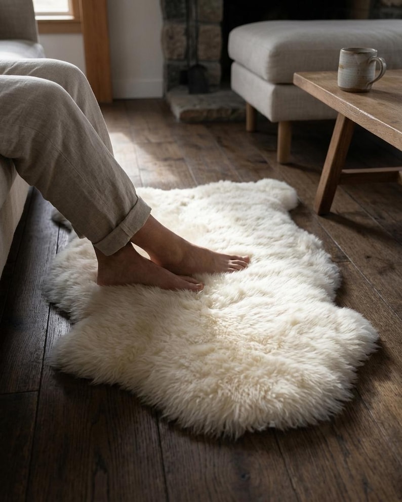 Puede incluir: Una alfombra de piel de oveja color crema con una textura suave y esponjosa. La alfombra est&aacute; colocada sobre un suelo de madera oscura, con pies descalzos descansando sobre ella. La alfombra a&ntilde;ade un elemento acogedor a la habitaci&oacute;n.