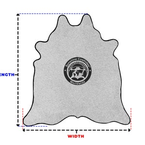 May include: Grey cowhide rug with a black border and a black logo that says "Sunshine Cowhides Worldwide". The rug is measured with a length and width.