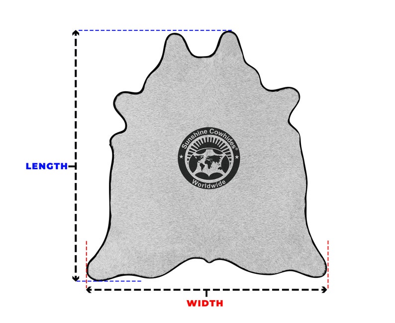 May include: Grey cowhide rug with a black border and a black logo that says "Sunshine Cowhides Worldwide". The rug is measured with a length and width.