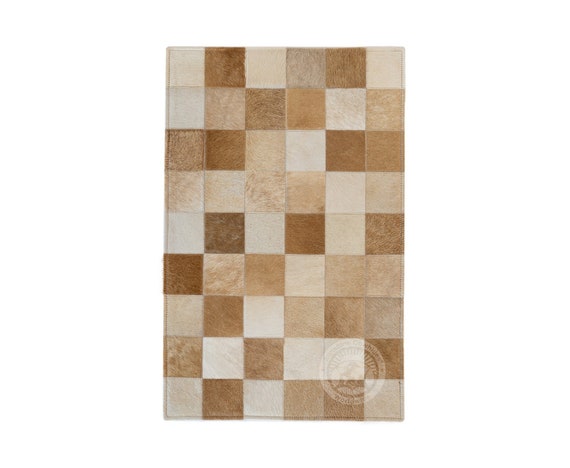 Cowhide Patchwork Rug, Beige - Bedside/Floor Mat - Size 22x34''
