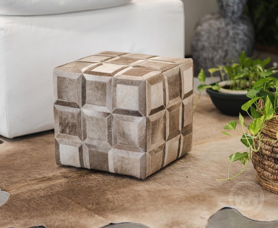 Real Cowhide Ottoman Pouf – Handmade Leather Footstool, Western Rustic Decor - Size 18x18x19''