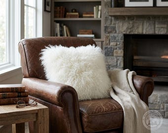 Real Sheepskin Pillow Cover 20x20'' | Natural White Sheepskin | Farmhouse Rustic Accent Cushion