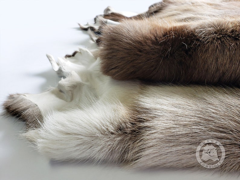 May include: A close-up shot of several animal hides. The hides feature a blend of colours, including white, brown, and grey. The fur looks soft and luxurious, with diverse textures and patterns. The image showcases the natural beauty and unique characteristics of each hide.