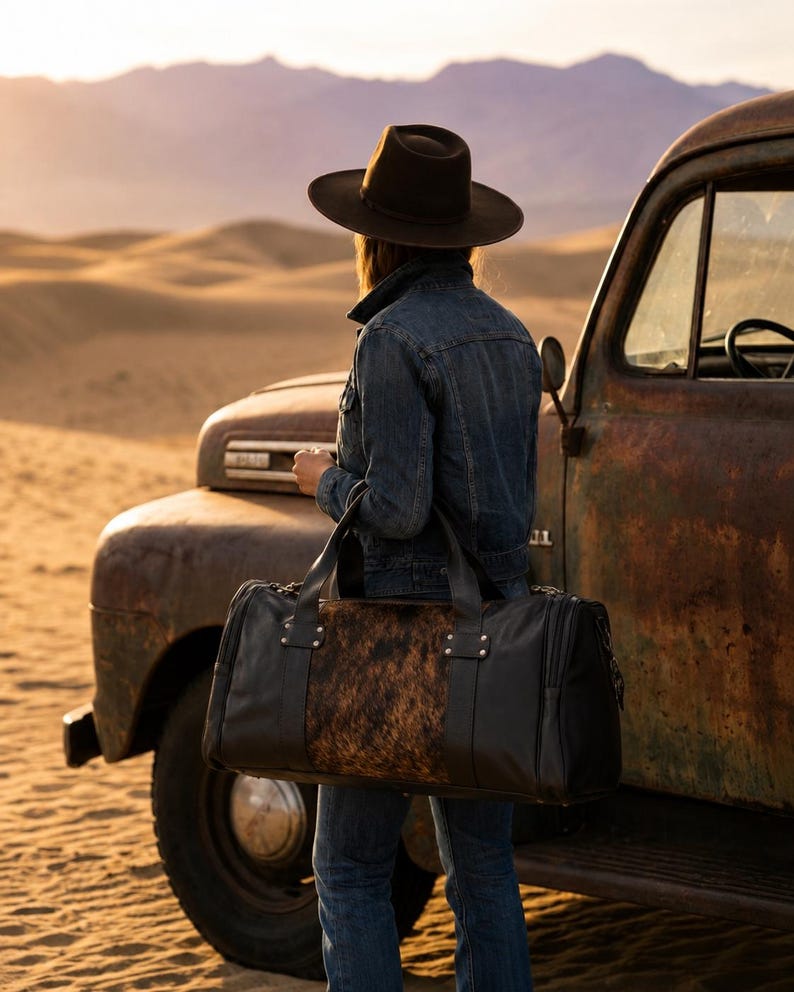May include: A black leather duffel bag featuring a central panel of brown and black cowhide fur. The bag has two sturdy top handles, silver-toned metal hardware, and a rectangular shape with reinforced stitching along the sides and base.