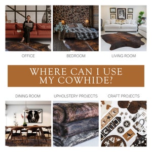 May include: A collage of images showing different ways to use cowhide in home decor. The images show cowhide rugs in an office, bedroom, living room, and dining room. There are also images of cowhide being used for upholstery projects and craft projects.