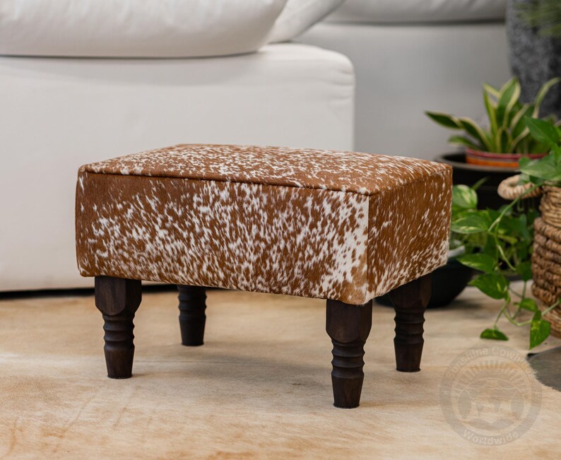 Cowhide Footstool with Wooden Legs, Brindle Light – Natural Hair-on-Hide - 28x18x18" Speckled Brown
