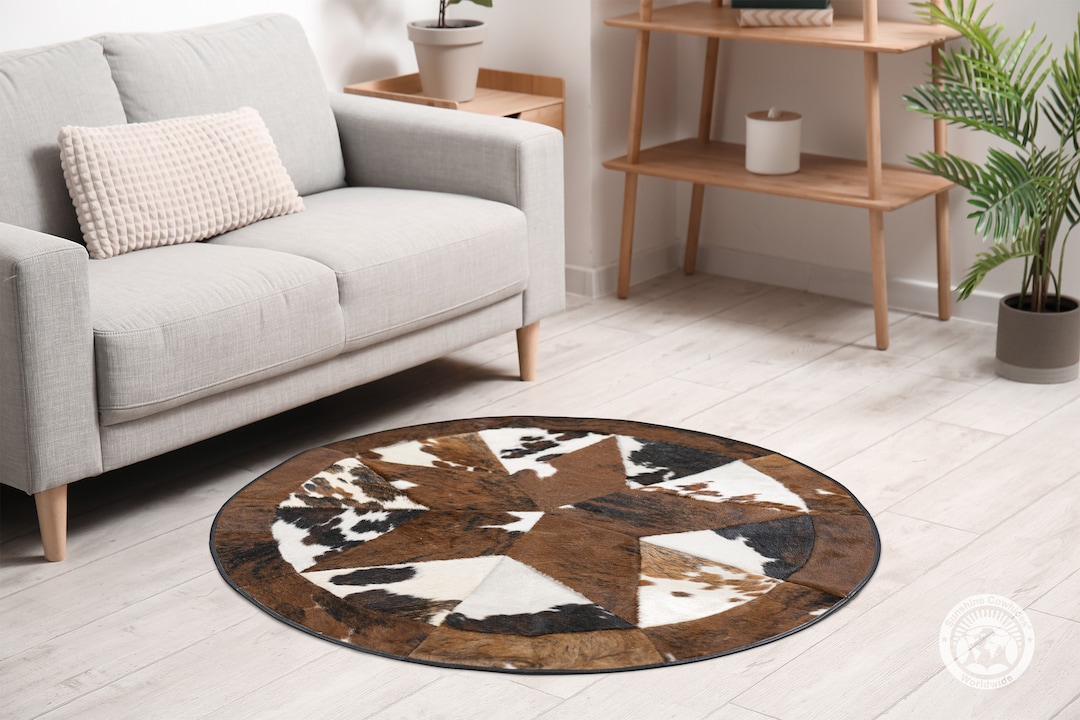 Round Hide Rugs Round Tricolor Cowhide Rug – Patchwork Hair on Hide Rug - Etsy