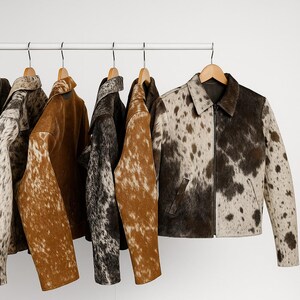 May include: A collection of cowhide jackets in various colors hang on a metal rack. The jackets feature a zip-up front, collar, and pockets. Colors include brown, black, and white with spotted patterns. The jackets are displayed against a white background.