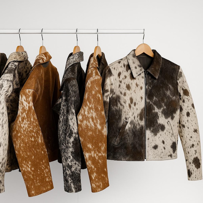 May include: A collection of cowhide jackets in various colors hang on a metal rack. The jackets feature a zip-up front, collar, and pockets. Colors include brown, black, and white with spotted patterns. The jackets are displayed against a white background.