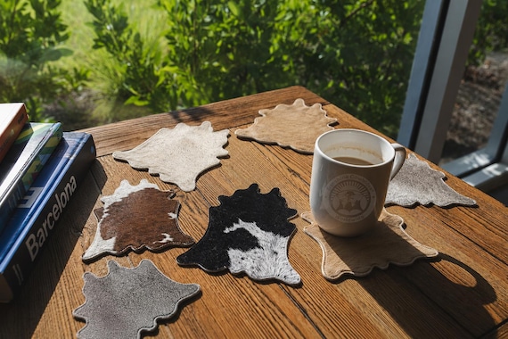 Cowhide Hide Shape Coasters | Genuine Leather Drink Coasters | Western Home Decor | Rustic Wedding Favor | Housewarming Gift