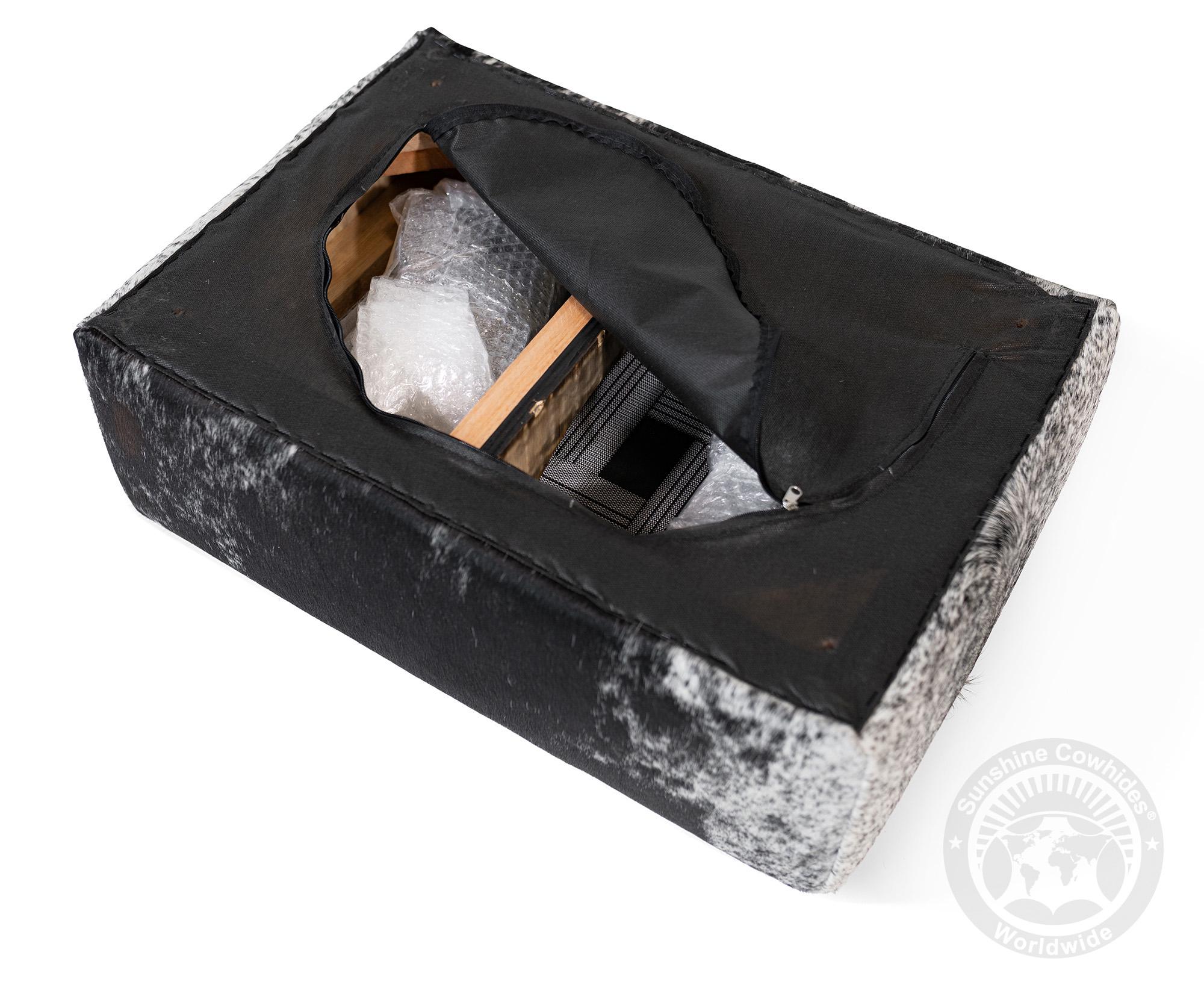本物の牛革製オットマンフットスツール（木製脚付き） – 28x18x18