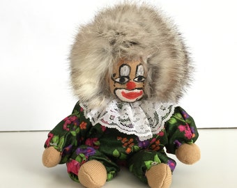 Vintage handmade clown doll - Collectible clown doll - Vintage clown doll - Clown dolls with hair bunny fur - Hand painted face clown doll