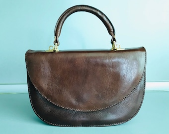 Vintage genuine leather handle handbag - Retro genuine leather bag - Brown vintage bag