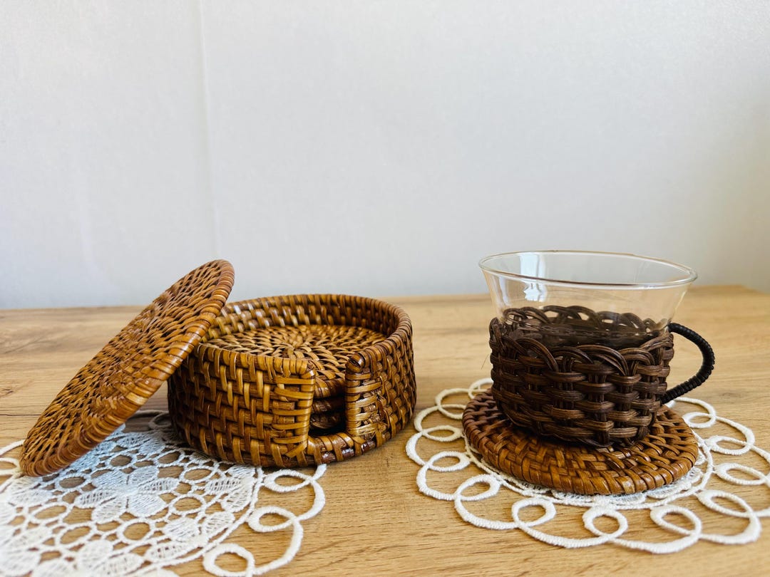 Handmade Set of 4 Round Rattan Coasters With Holder 2 - Etsy