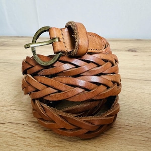 Vintage genuine leather braided belt - Brown woven leather belt - Genuine leather braided belt